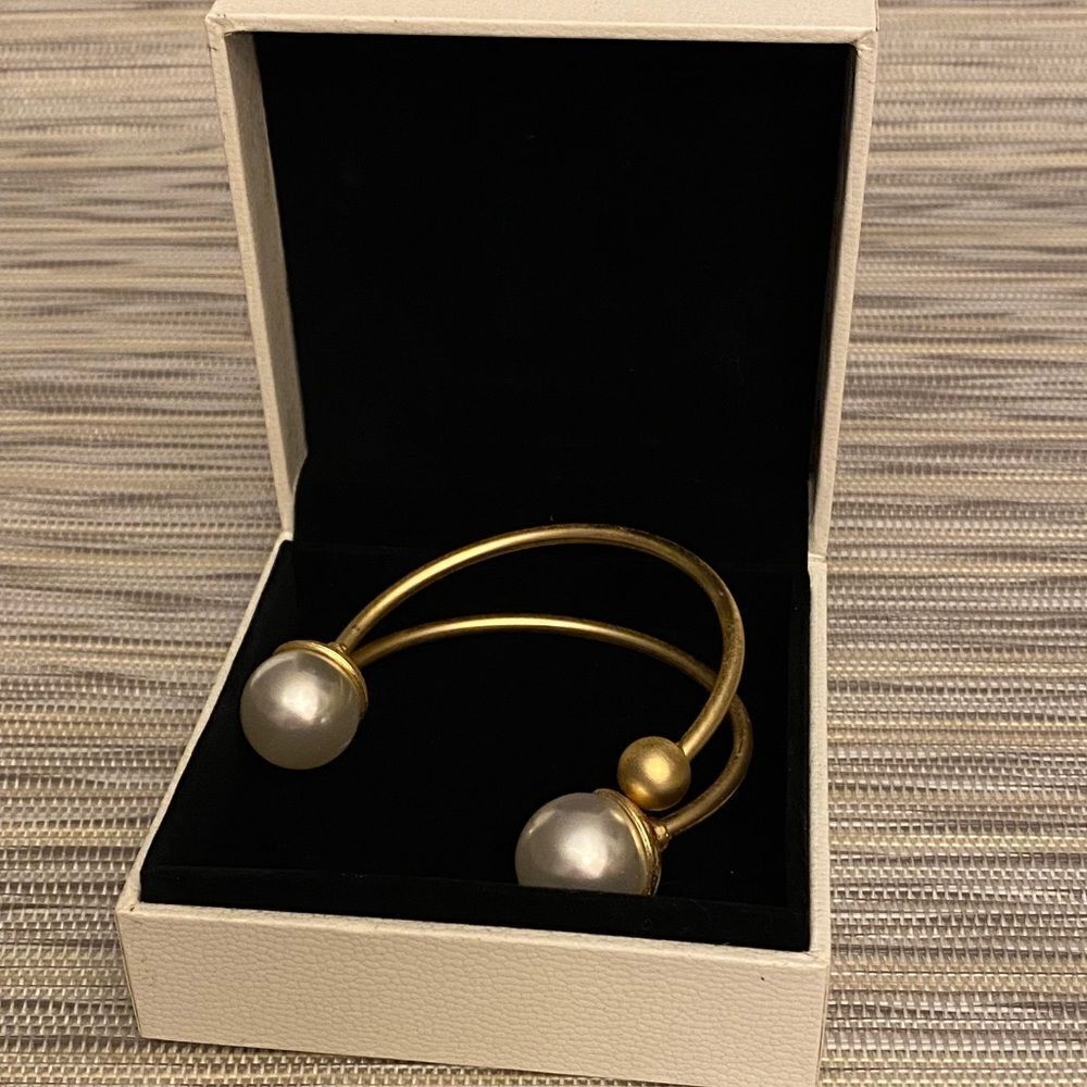 Gold Tone Cuff Bracelet with Faux Pearl Ends
